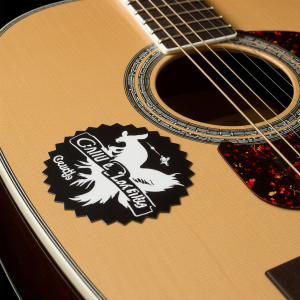 Round decal applied to an acoustic guitar top beside the soundhole